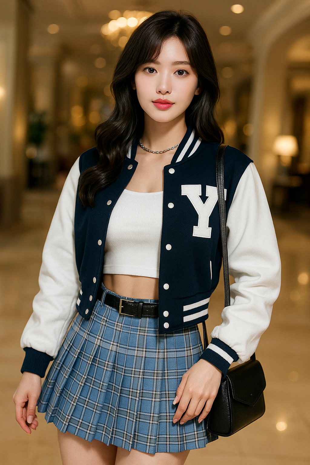크롭 바시티 자켓, 테니스 스커트, 작은 크로스백