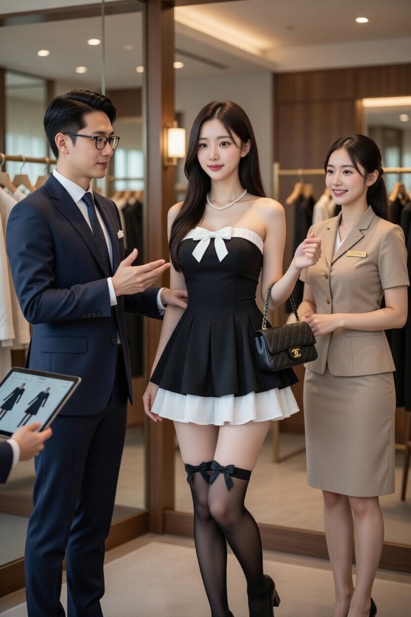 명품 렌탈샵에서 피팅 받고 있는 일프로녀